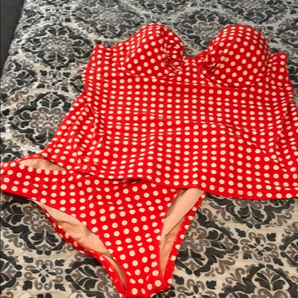 J Crew red and white polka dot tankini